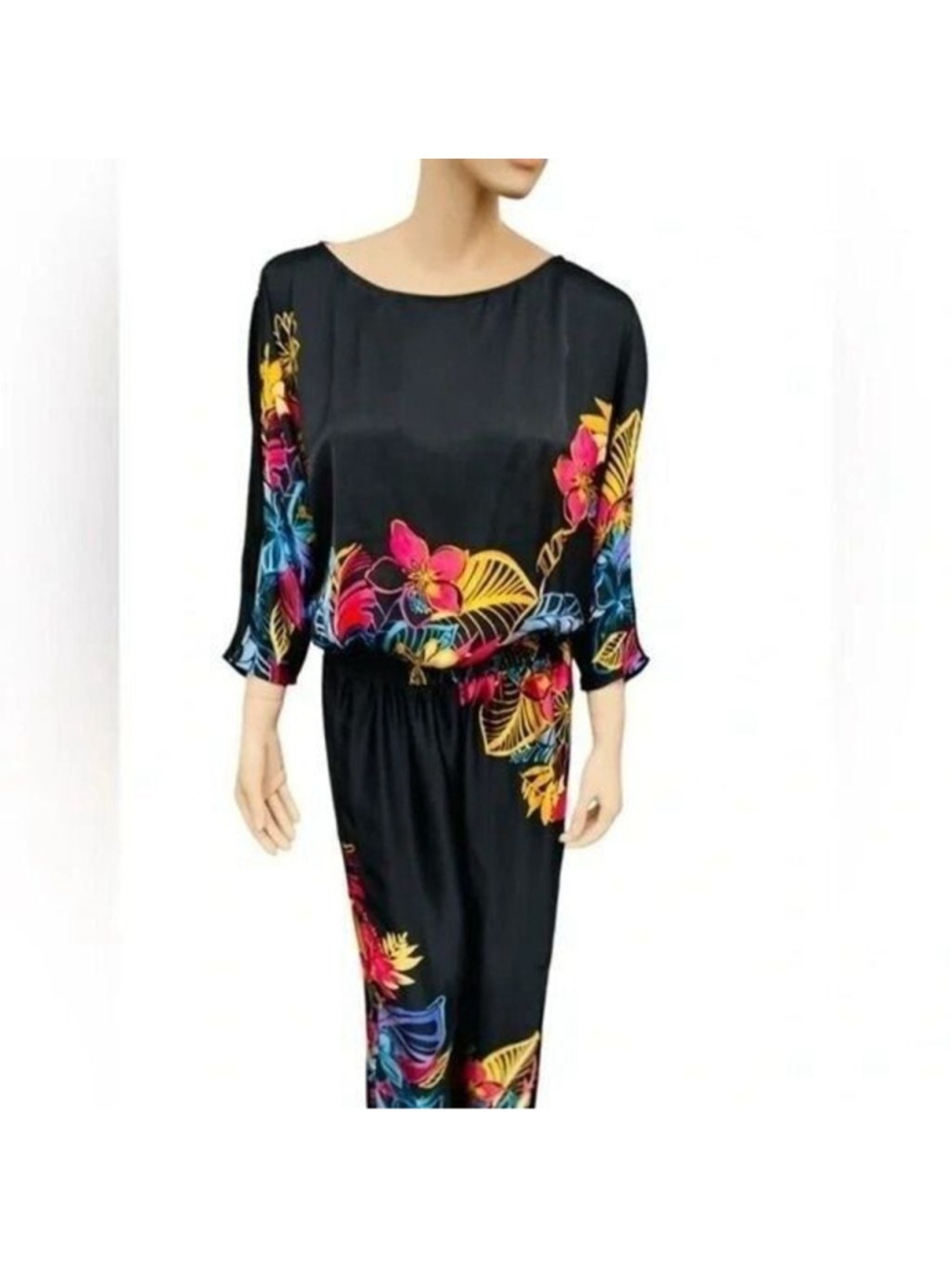 Cache Women's Sexy Black Multicolor Tropical Floral Split sleeve Jumpsuit Small